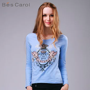 【Bés Carol】女式飛馬皇冠長袖T恤M寶石藍