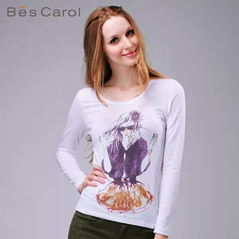 【Bés Carol】女式時尚女孩長袖T恤XL白