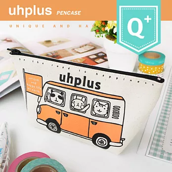uhplus Q-plus寬底筆袋/ 可愛動物巴士（陽光橘）