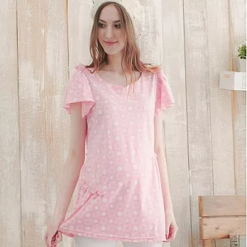 《玉美人》夏日風圓點荷葉袖孕婦上衣L卡其點點