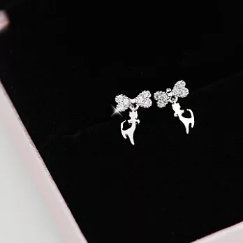 Enya★925銀水鑽蝴蝶結綴可愛貓咪耳環銀色