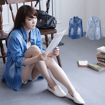 ROSE．自然刷色貝釦牛仔襯衫2色深藍系