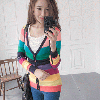 ROSE．韓版彩條針織長版外套 黑系