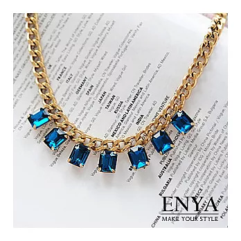 Enya★低調華麗 巴黎風情方塊水鑽項鍊藍色