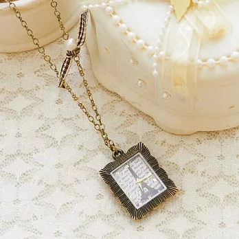 ECO安珂．方框鐵塔懷錶綴格紋蝴蝶結珍珠項鍊