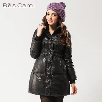 【Bés Carol】女式LOGO領長款羽絨外套M黑