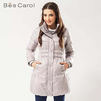 【Bés Carol】女式LOGO領長款羽絨外套M淺灰