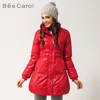 【Bés Carol】女式LOGO領長款羽絨外套M紅