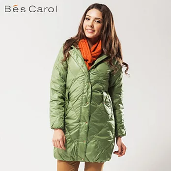 【Bés Carol】女式菱形格連帽長款羽絨外套M綠色