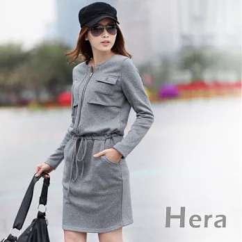 【Hera】赫拉 休閒修身棉質縮腰長袖洋裝/連身裙(灰色)
