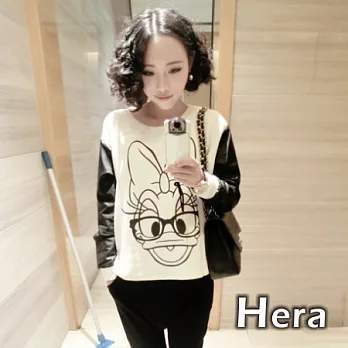 【Hera】赫拉 皮袖拼結唐老鴨圖案圓領長T桖/上衣(白色)