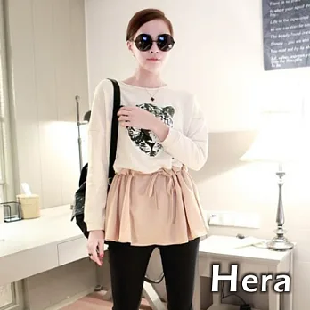 【Hera】赫拉 豹頭圖案縮腰雪紡圓領棉長T洋裝/連身裙白色