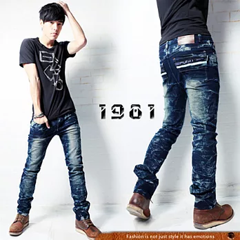 【1981牛仔褲】造型布標口袋單寧褲#32132M藍色