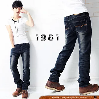 【1981牛仔褲】低調電繡口袋單寧褲#32137M藍色