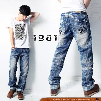 【1981牛仔褲】反摺造型褲管單寧褲#32139M藍色