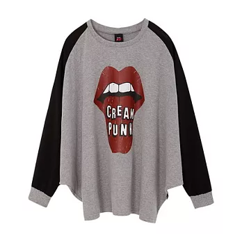 【CACO】CREAM PUNK‧獨家經銷‧拼接雪紡紅唇寬版長TFREE麻花灰