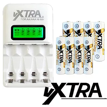 VXTRA LCD智慧型2.4A大電流低自放充電組(附3號、4號電池各4入-共8入)