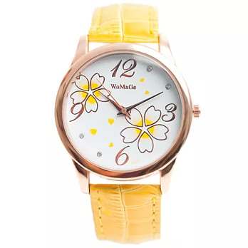 Watch-123 櫻花綻放-和風彩繪花漾甜美腕錶(芥茉黃)