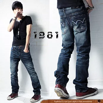 【1981牛仔褲】韓式電繡W型牛仔褲_2555#M藍色