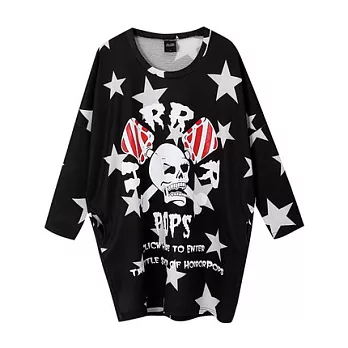 【CACO】美式休閒‧滿版星星骷髏長TFREE黑色