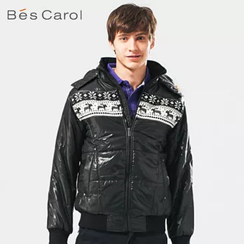 【Bés Carol】男式前胸拼毛織片棉服外套M黑