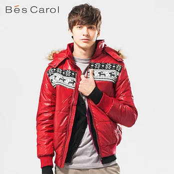 【Bés Carol】男式前胸拼毛織片棉服外套M深紅