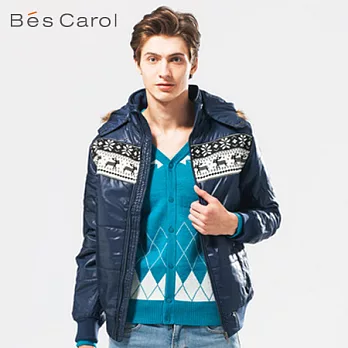 【Bés Carol】男式前胸拼毛織片棉服外套M藏青藍