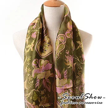 Seoul Show 迷幻花園 印花絲棉圍巾(軍綠)