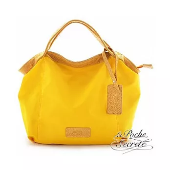 【LaPoche Secrete 真皮包包】輕盈時尚-牛皮MIX尼龍吊牌包 -萊姆黃