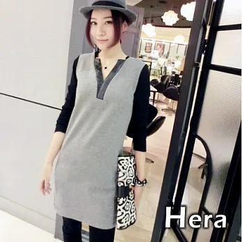 【Hera】赫拉 皮質Y领加絨拼接修身長版Ｔ恤/連身裙(二色任選)淺灰色