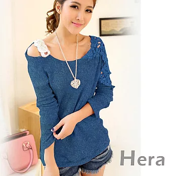 【Hera】赫拉 修身寬鬆花邊刺繡純色露肩上衣/針織衫(四色任選)藍色