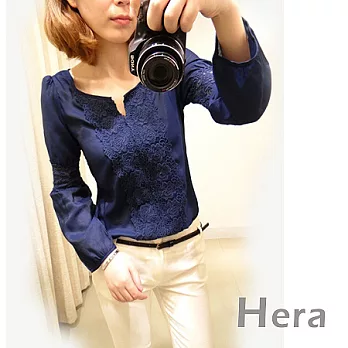 【Hera】赫拉 蕾絲拼接修身長袖上衣/襯衫(二色任選)藍色