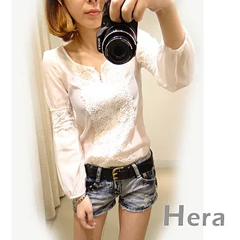 【Hera】赫拉 蕾絲拼接修身長袖上衣/襯衫(二色任選)白色
