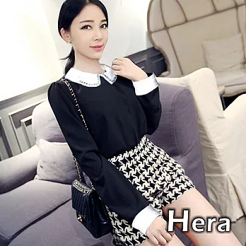 【Hera】赫拉 黑鑽領口假二件顯瘦長袖上衣/襯衫(黑色)