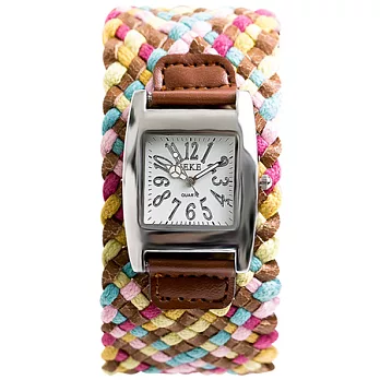 Watch-123 香草天空-波西米亞風寬版編織多彩腕錶(棕色)