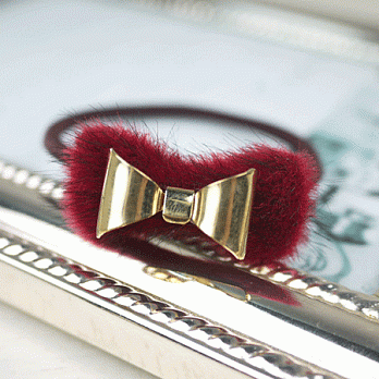 【PinkyPinky Boutique】毛毛蝴蝶結髮束 (酒紅色)