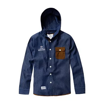 【CACO】CACO SURF． 美式休閒．拼接連帽長袖襯衫M深藍