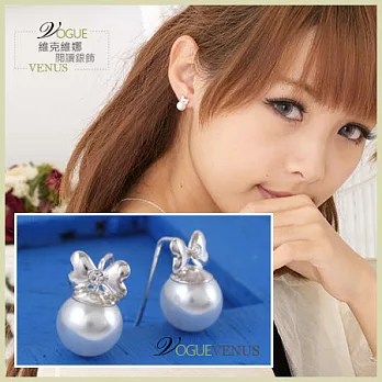 【維克維娜】嬌甜可人。水鑽小蝴蝶結綴珍珠 925純銀耳環