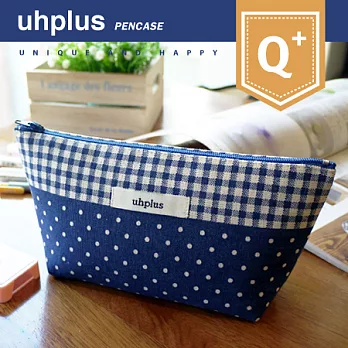 uhplus Q-plus寬底筆袋/ DOT點點(方格拼接藍)