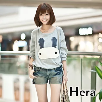 【Hera】赫拉 拼布兔兔圓領寬鬆休閒長袖上衣/長Ｔ恤(二色任選)灰色