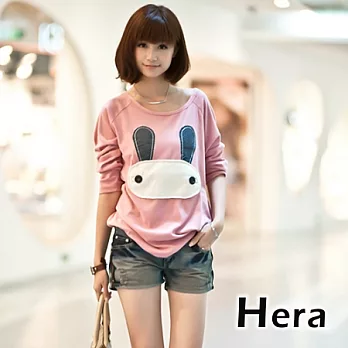【Hera】赫拉 拼布兔兔圓領寬鬆休閒長袖上衣/長Ｔ恤(二色任選)粉紅色