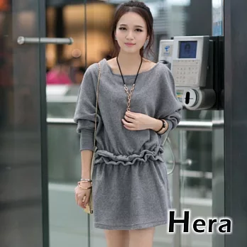 【Hera】赫拉 蝙蝠袖花邊皺褶鬆緊腰身長袖上衣/洋裝/連身裙(三色任選)灰色