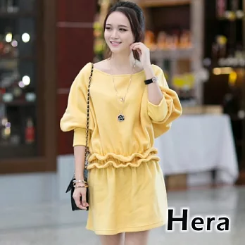 【Hera】赫拉 蝙蝠袖花邊皺褶鬆緊腰身長袖上衣/洋裝/連身裙(三色任選)黃色