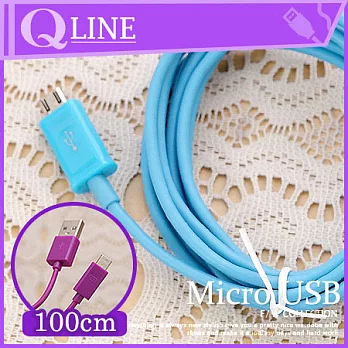 【QLINE】圓條 100公分 MicroUSB 充電 馬卡龍 彩色 (1M) 充電傳輸線藍色