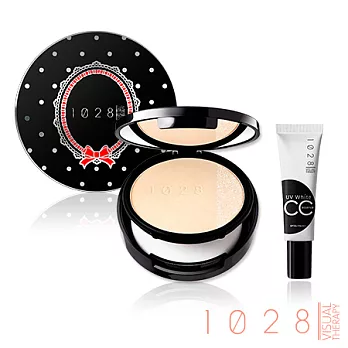1028 蝴蝶結甜心粉盒(經典黑)＋美 白CC霜 (01明亮膚)MINI10ml+玻尿酸保濕粉蕊01淺陶色