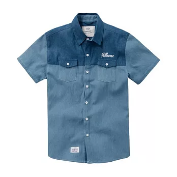 【CACO】CACO SURF．美式休閒． 拼接牛仔短袖襯衫(男)M藍色