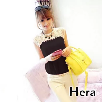 【Hera】赫拉蕾絲勾花珍珠拼接寬鬆無袖雪紡衫(三色任選)黑色