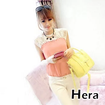 【Hera】赫拉蕾絲勾花珍珠拼接寬鬆無袖雪紡衫(三色任選)粉色