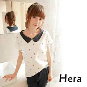 【Hera】赫拉 學院風娃娃領船錨印花短袖寬鬆棉T恤(三色任選)白色