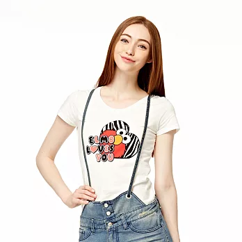 【CACO】芝麻街．授權款．ELMO斑馬紋愛心短T(女)M白